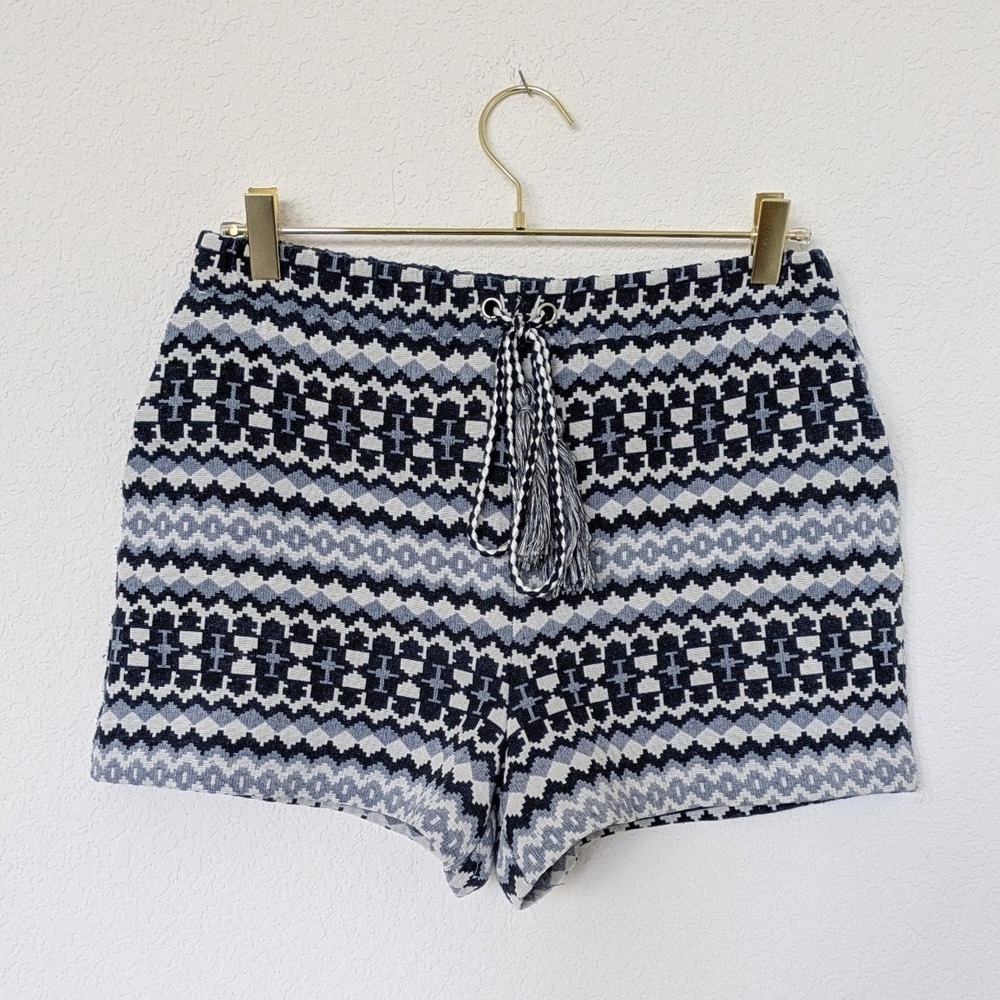 English Factory Geometric Jacquard Shorts Women Medium Blue White Tassel Boho‎